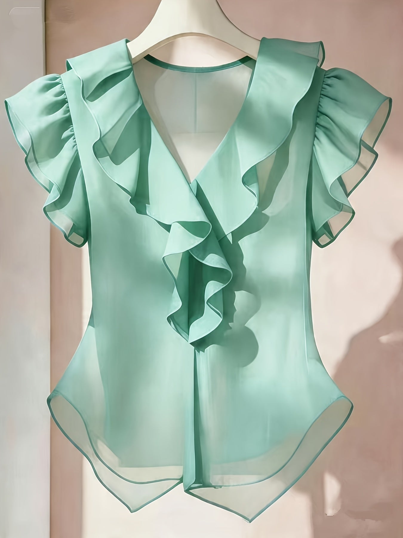 Ionae | Dames zomer chiffon shirt – Franse stijl top met ruches in effen kleur