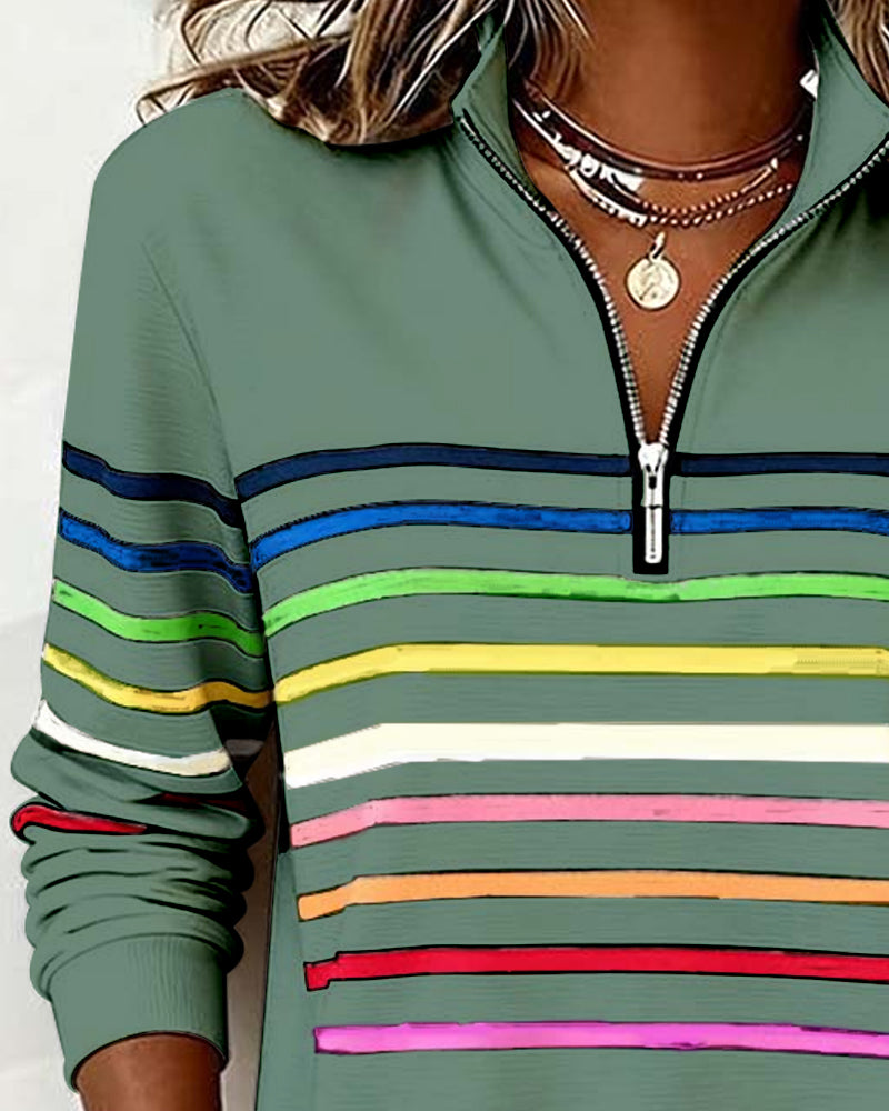 Vayen | Regenboogstreep sweatshirt met halve rits voor dames – Casual pullover, trendy kleurrijke top