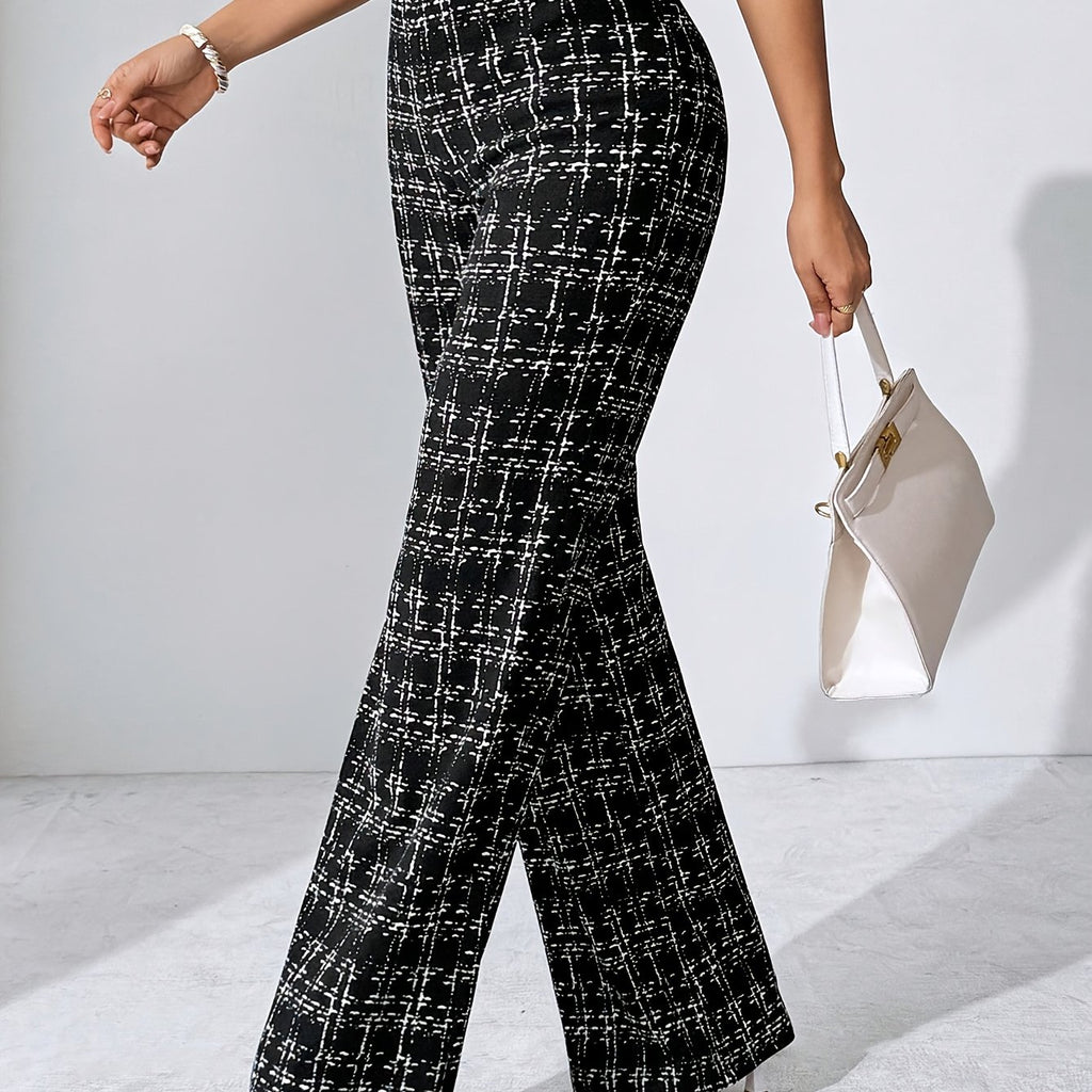 Laverna | Pantalon évasé en tweed à carreaux taille haute pour femme – Pantalon décontracté et extensible à jambes larges