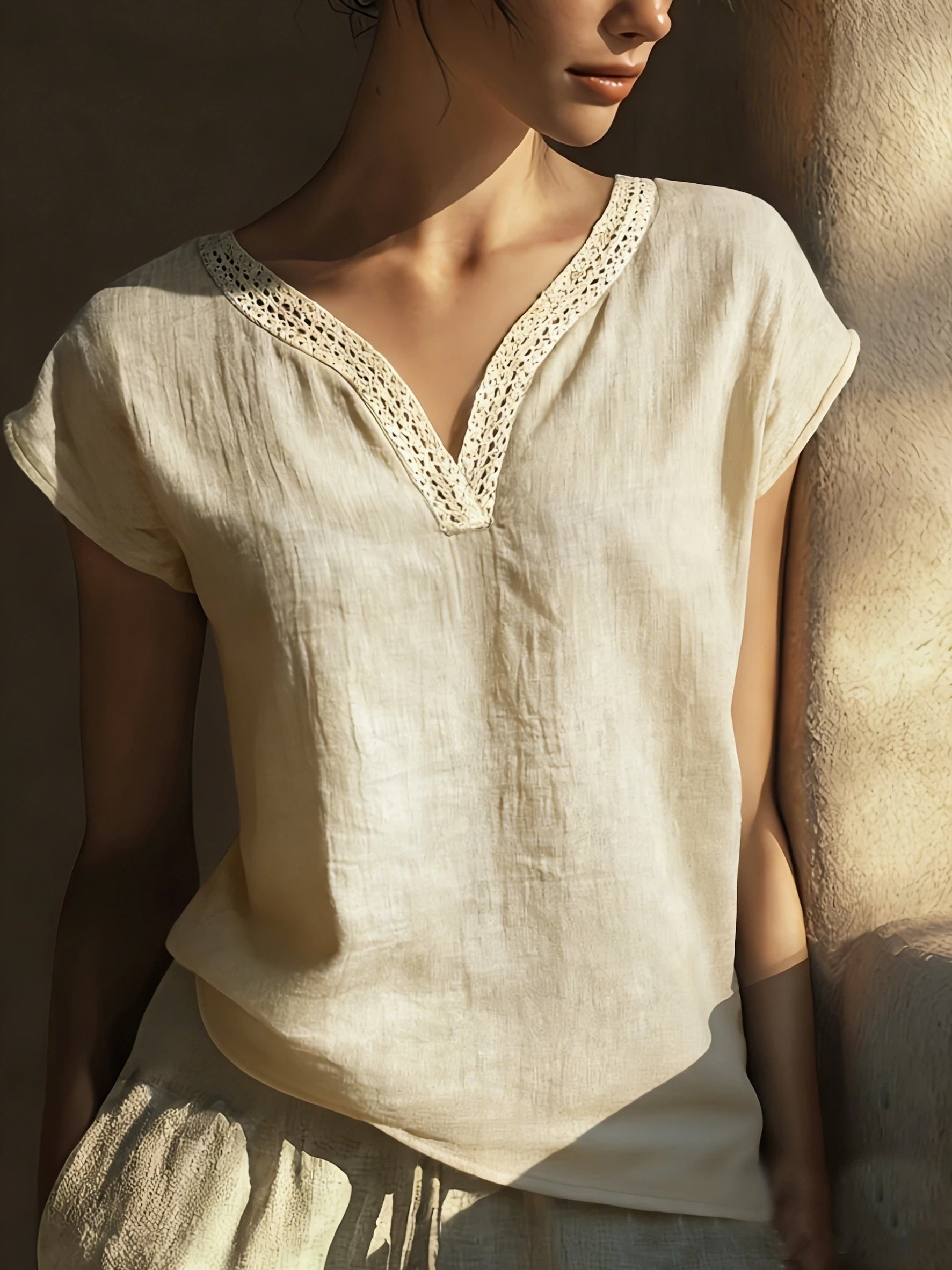 Meva | Casual boho-zomertop voor dames – losvallend overhemd van linnen met kant en V-hals