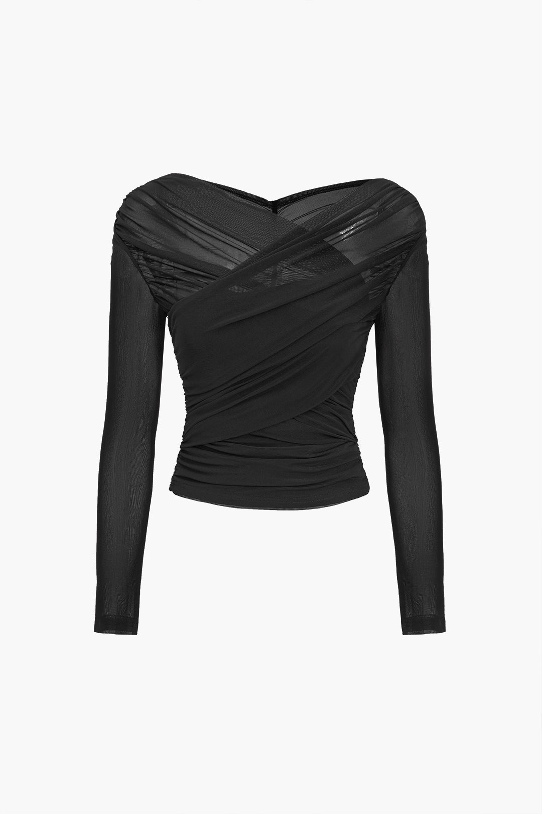 Evira | Damesblouse van mesh met ruches – Doorschijnende stretchtop met lange mouwen