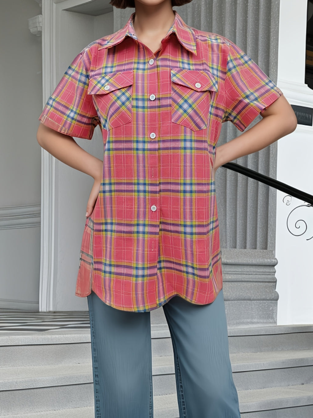 Juniper | Damesoverhemd met korte mouwen en ruitjespatroon – Casual blouse met knopen en twee zakken