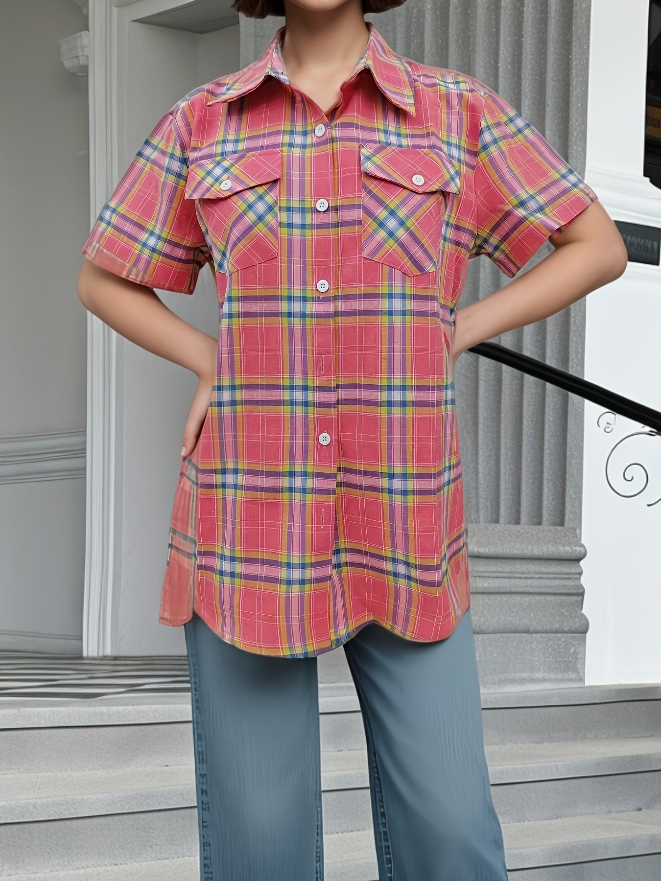 Juniper | Damesoverhemd met korte mouwen en ruitjespatroon – Casual blouse met knopen en twee zakken