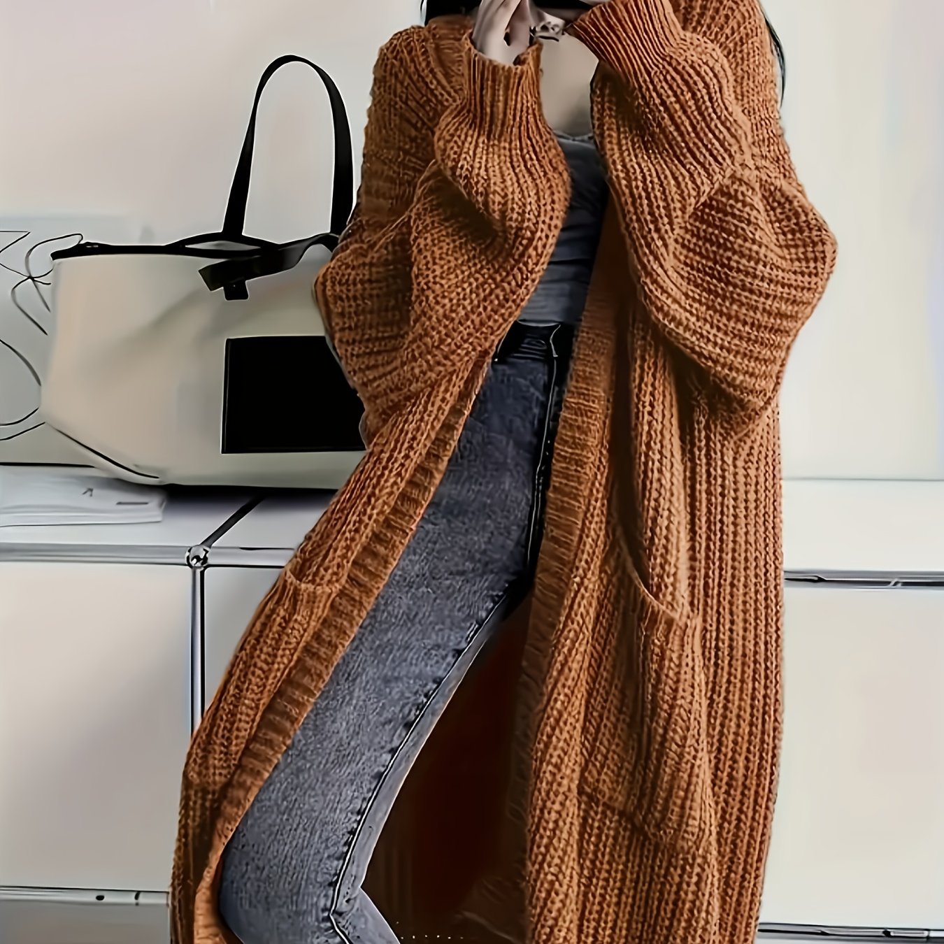 Myvessa | Langer Strickcardigan für Damen – offener, Oversize-Schnitt, lässiger Pullover für Herbst und Winter