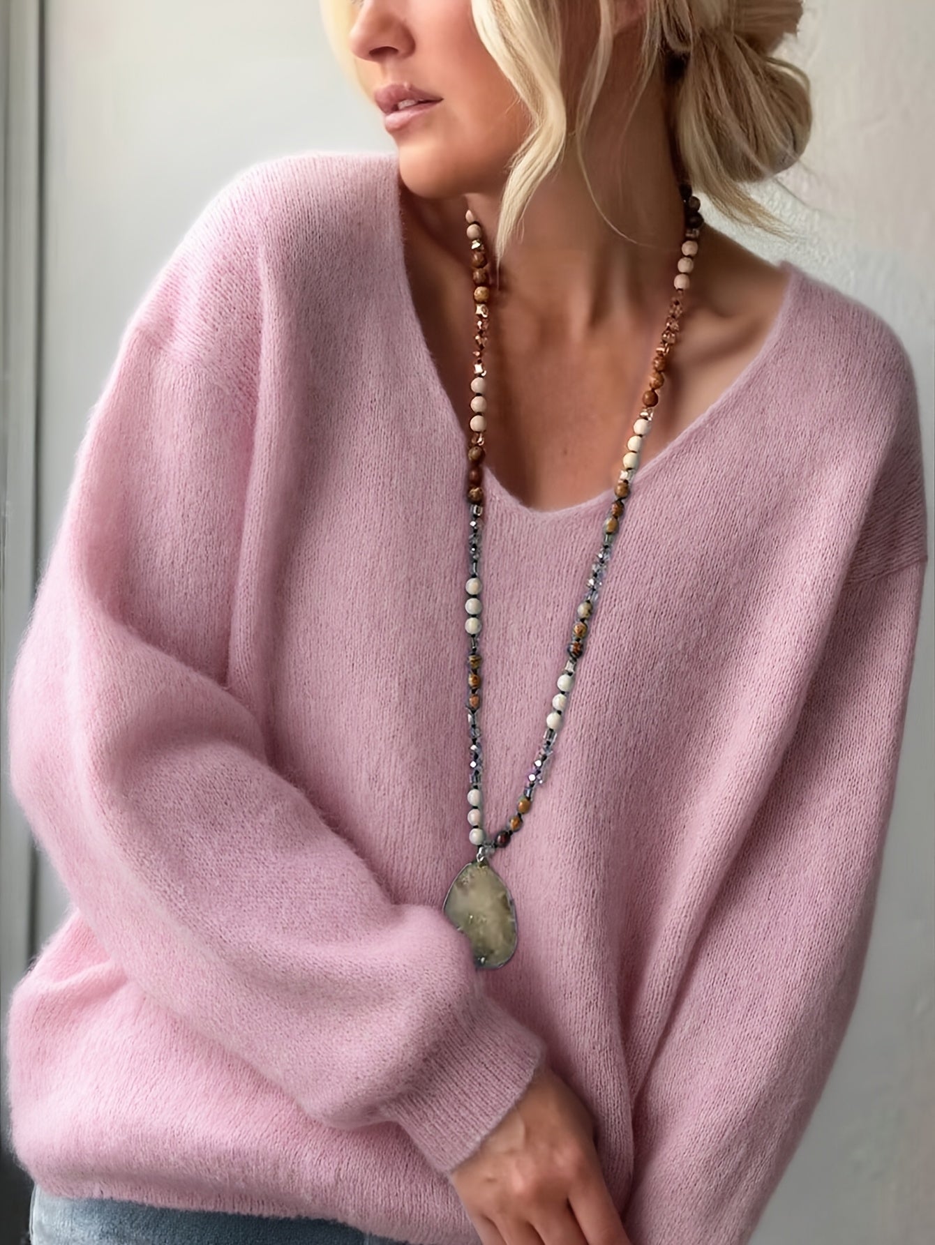 Rhian | Elegante V-hals trui voor dames, lange mouwen, effen kleur, zacht gebreid