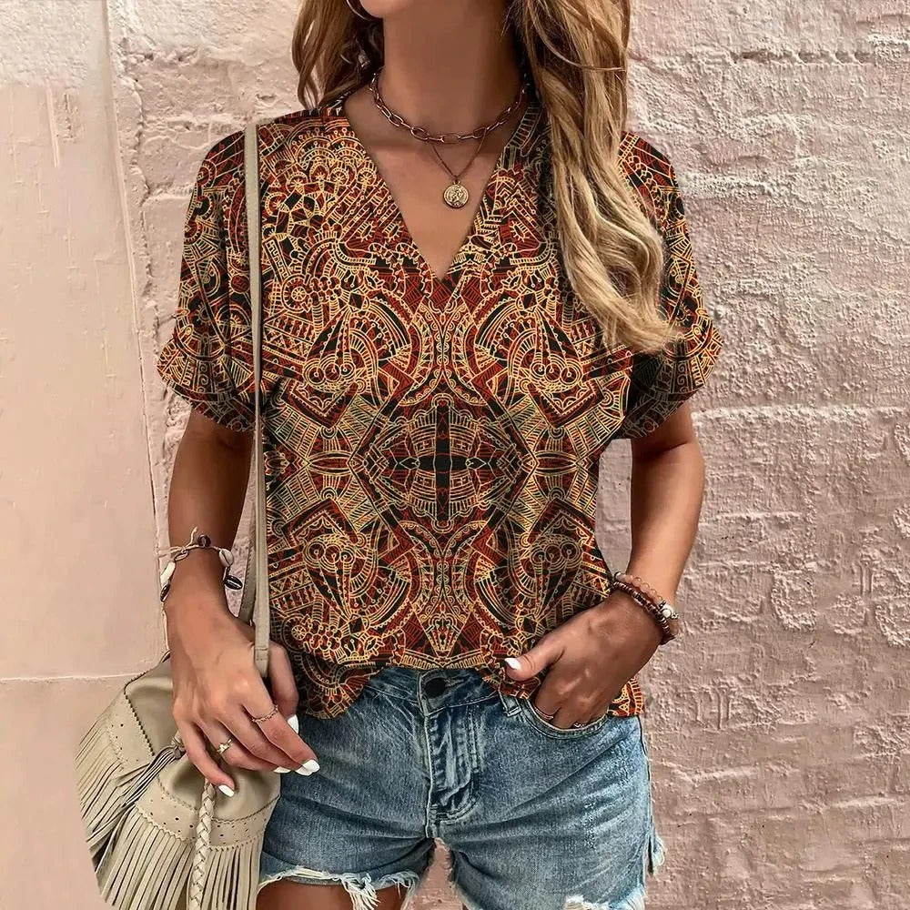 Kyla | Vintage T-shirt voor dames met print – Casual top met V-hals en korte mouwen