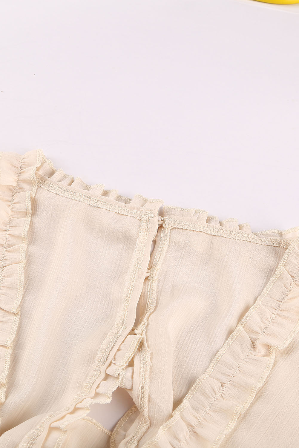 Pumara | Beige jurk met V-hals, ruches, open rug, zomerse casual & feestelijke damesjurk