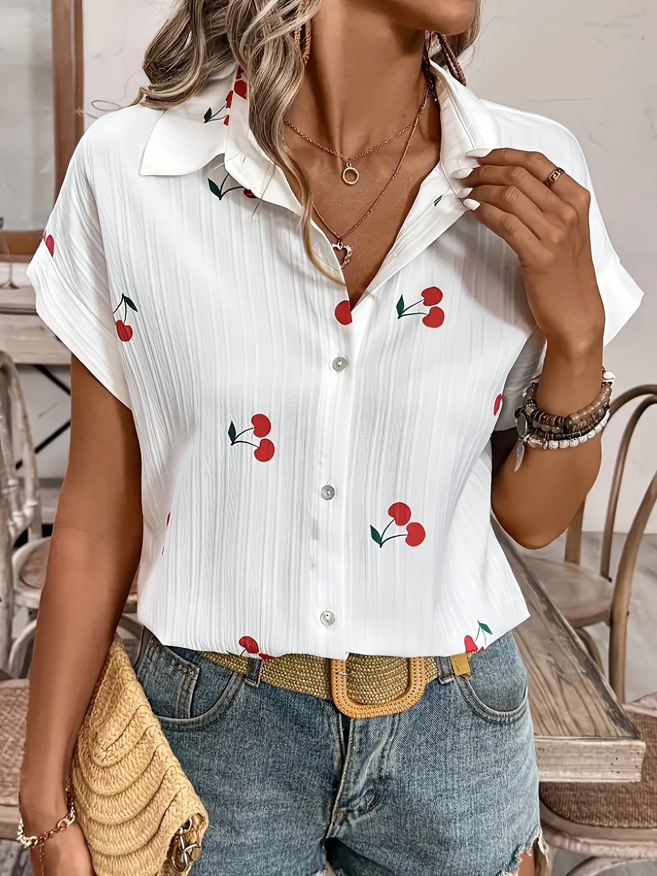 Azmara | Damesblouse met kersenprint – Overhemd met korte mouwen en knoopsluiting
