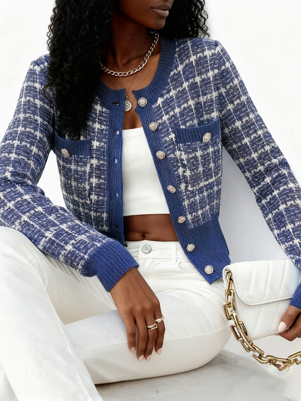 Rella | Dames Geruite Tweed Cardigan – Gebreid Vest met Knopen aan de Voorkant