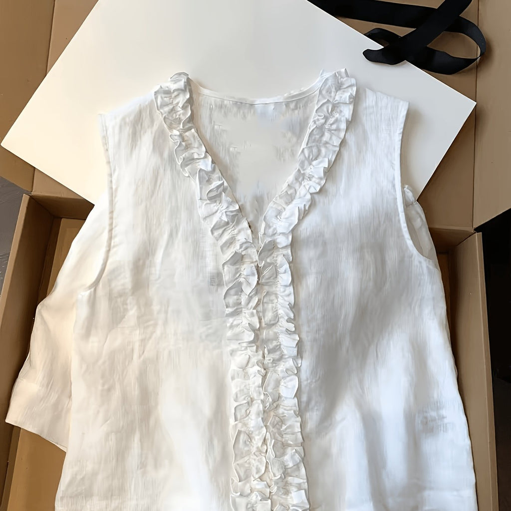 Jenia | Damesvest met geschulpte rand – Mouwloze zomerblouse met V-hals