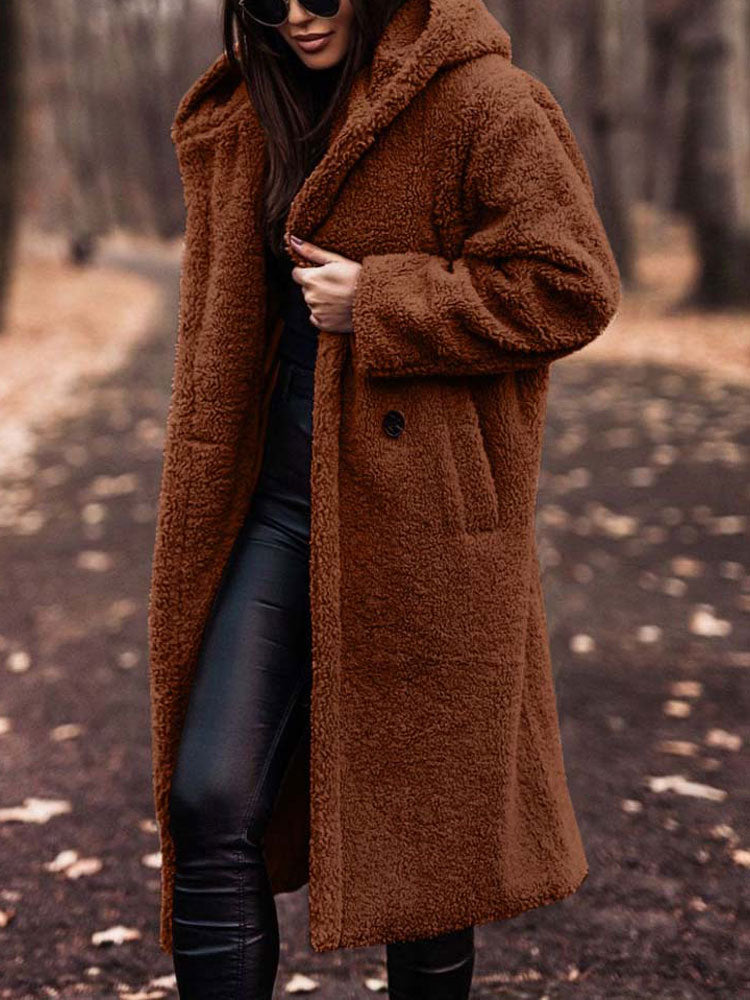 Amivelle | Langer Damen-Teddymantel mit Kapuze – Plüsch-Kunstpelz, warmer Wintermantel, lässig und bequem