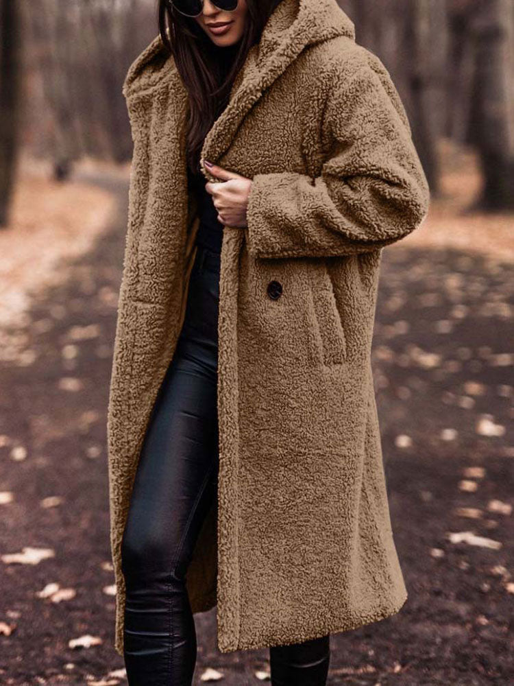 Amivelle | Langer Damen-Teddymantel mit Kapuze – Plüsch-Kunstpelz, warmer Wintermantel, lässig und bequem