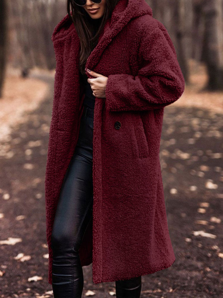 Amivelle | Langer Damen-Teddymantel mit Kapuze – Plüsch-Kunstpelz, warmer Wintermantel, lässig und bequem
