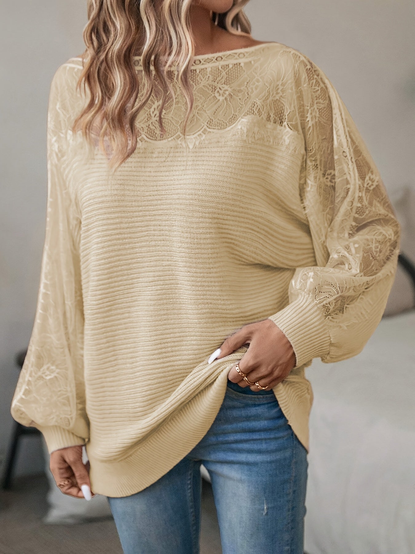 Tavielle | Dames Patchwork Kant Trui – Pullover met Boothals en Batwing Mouwen