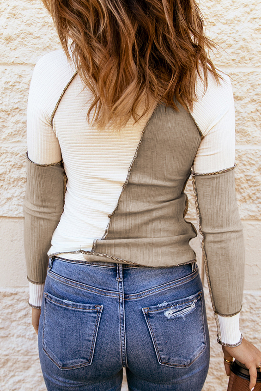 Irixella | Dames Geribde Top – Aansluitend Shirt met Asymmetrische Naden en Colorblock Afwerking