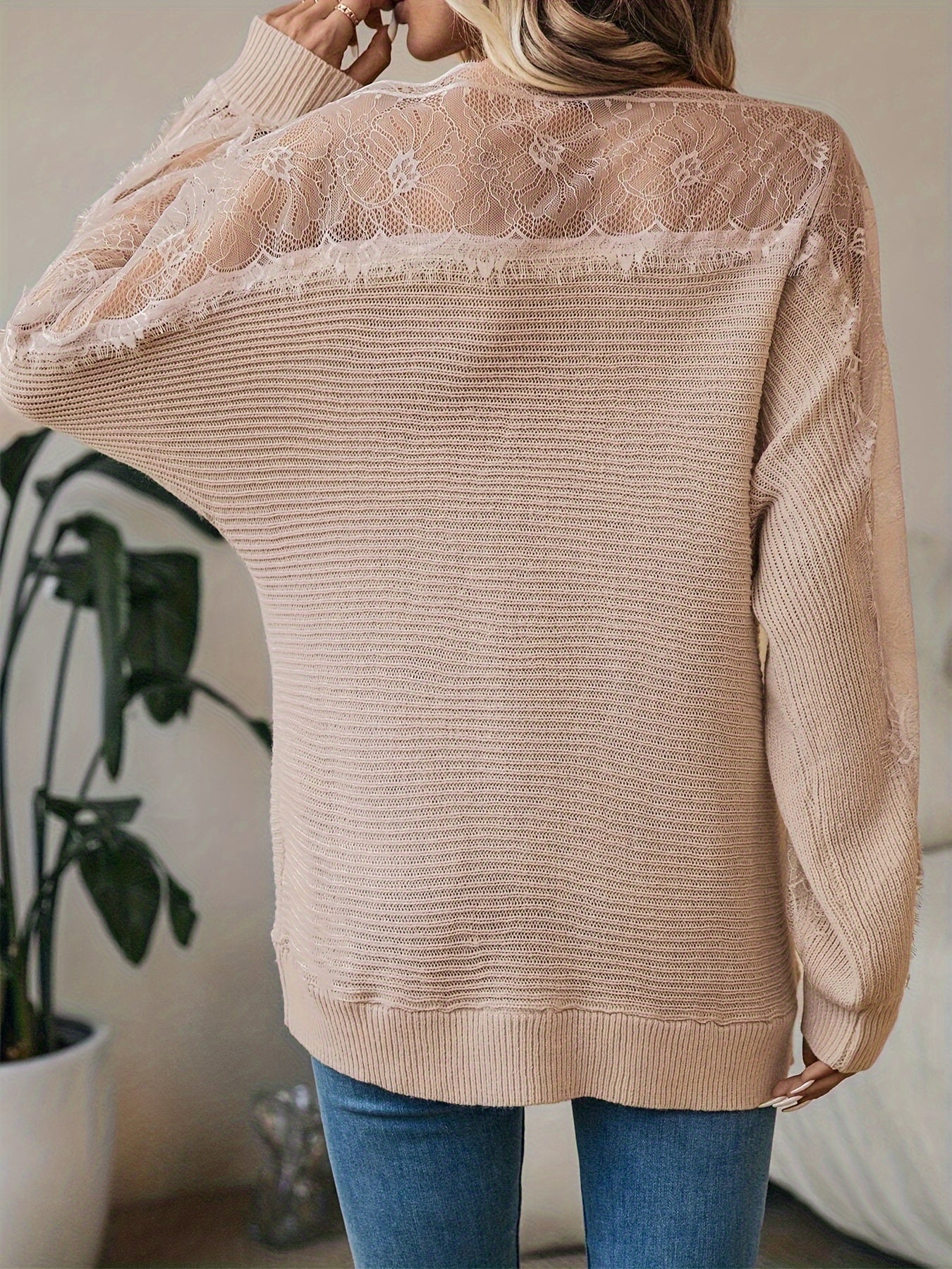 Tavielle | Dames Patchwork Kant Trui – Pullover met Boothals en Batwing Mouwen