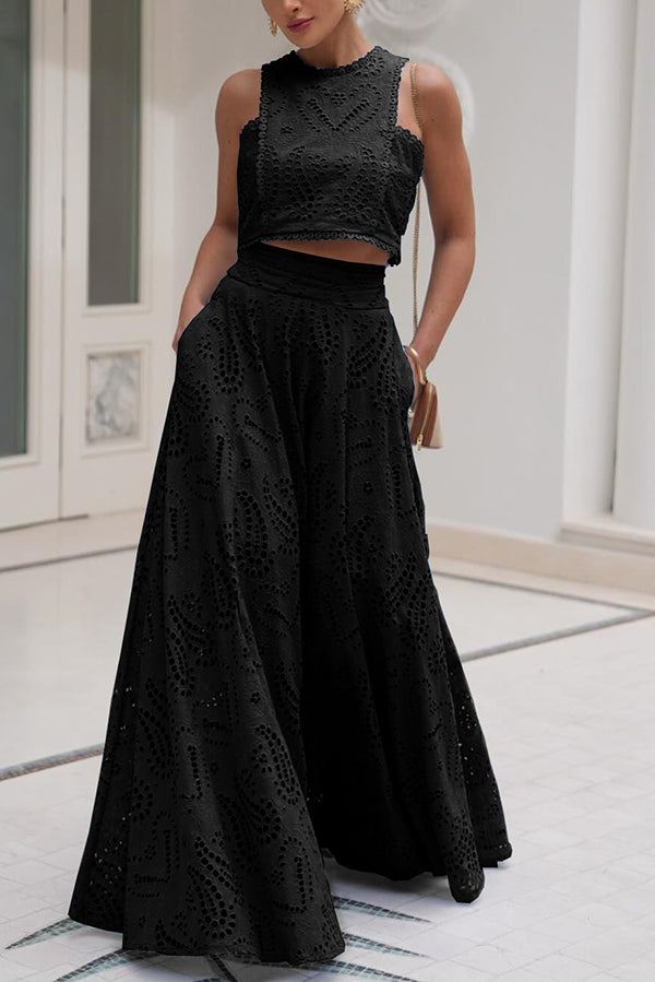 Jexinae | Elegante 2-delige dames set – Mouwloze geborduurde crop top & soepelvallende wijde broek