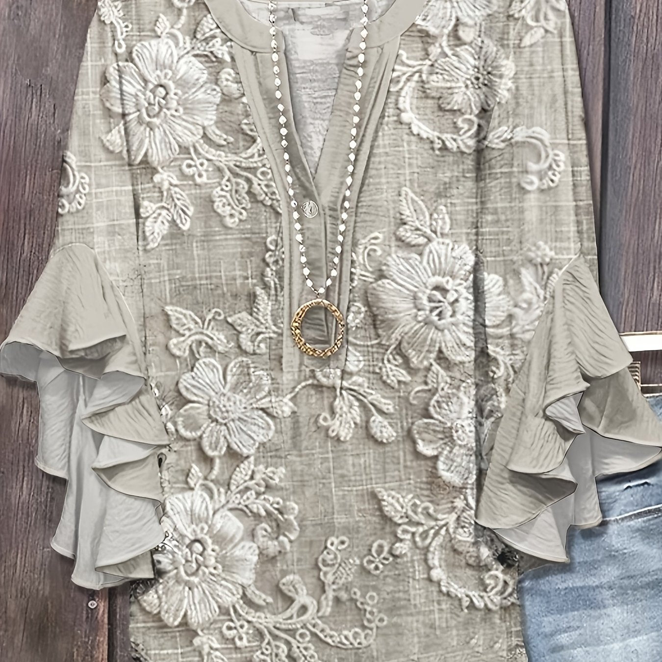 Avalyss | Damesblouse met print en volantmouwen – Casual, ruimvallende pullover