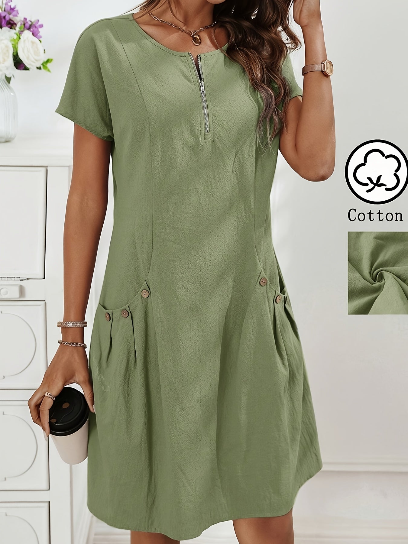 Zirelia | Zomerse casual overhemdjurk voor dames – halve rits, knoopdetails en dubbele zakken
