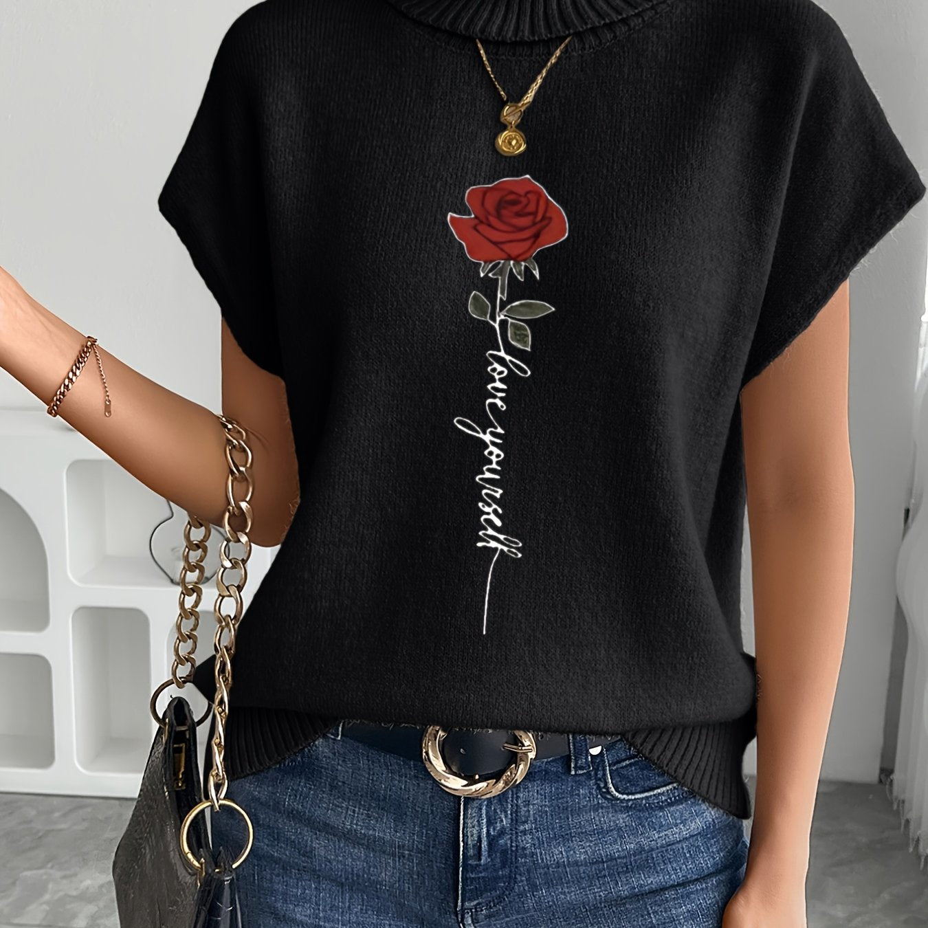Ienira | Trendy Dames Mouwloos Gebreid Vest met Rozenprint – Losvallende Zomerse Casual Top