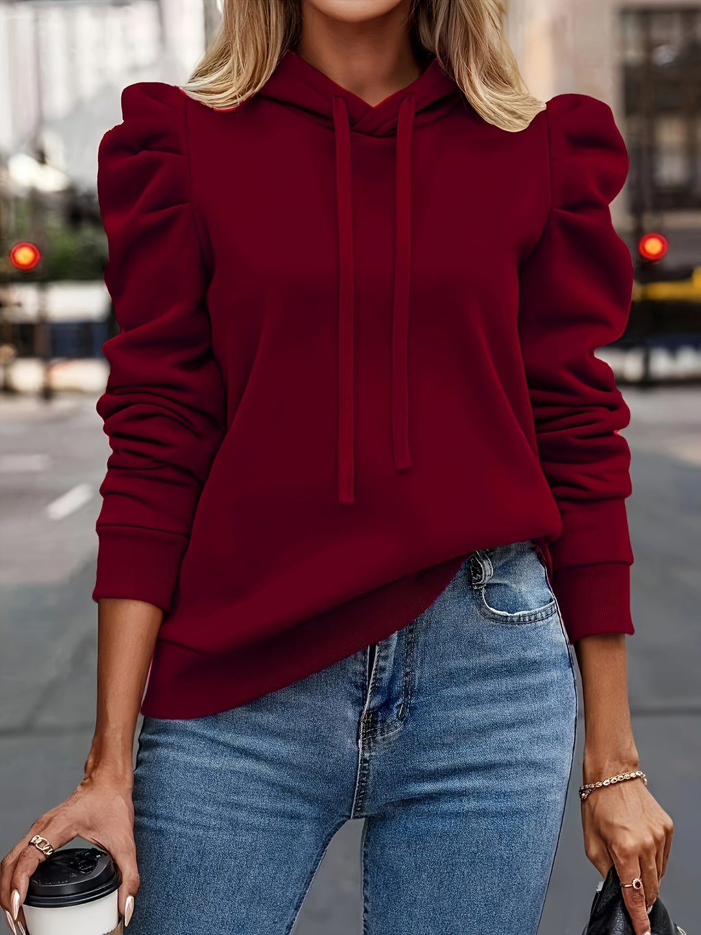 Liliora | Sweat à capuche uni pour femme – Sweat décontracté à manches longues bouffantes et cordon de serrage