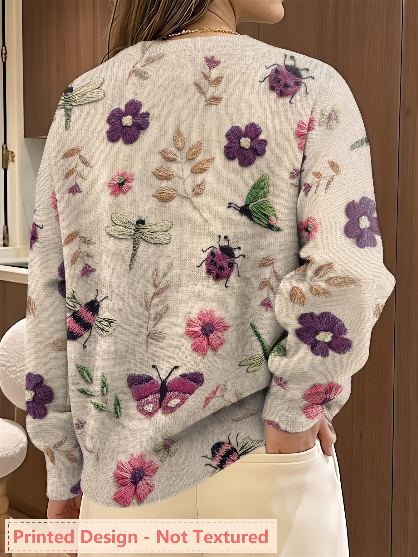 Jessamine | Dames Sweater met All-Over Insecten- en Bloemenprint