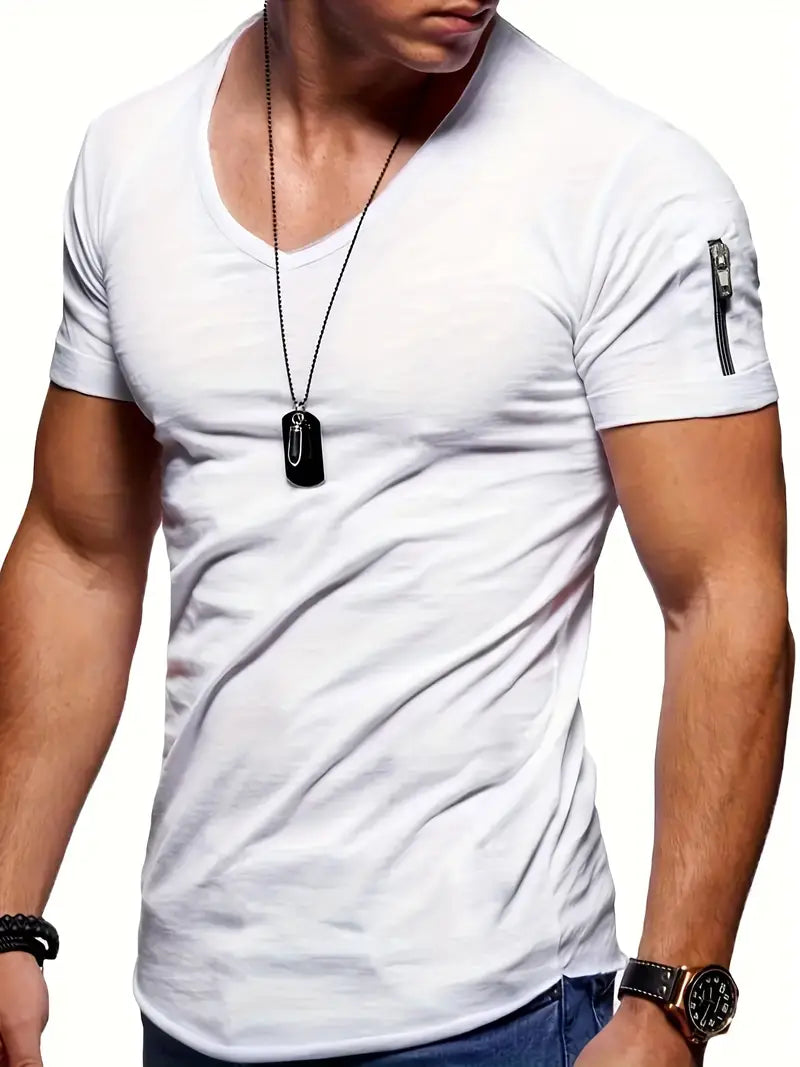 Gobor | Herren-T-Shirt mit V-Ausschnitt, kurzen Ärmeln und Reißverschlussdetails – Lässiges Baumwoll-T-Shirt