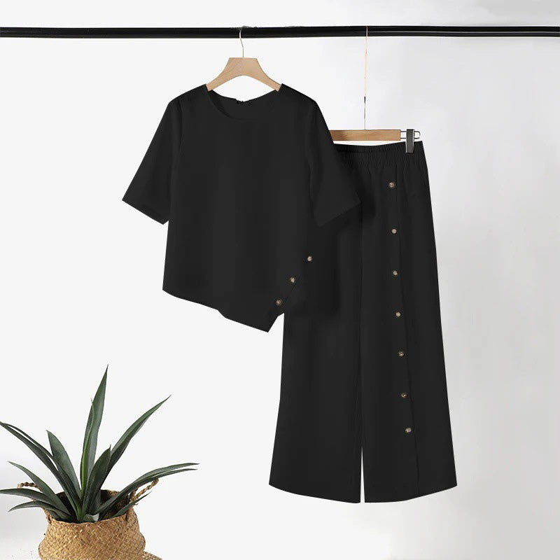 Caliora | Tweedelige set voor dames – Outfit met asymmetrische top en broek met wijde pijpen
