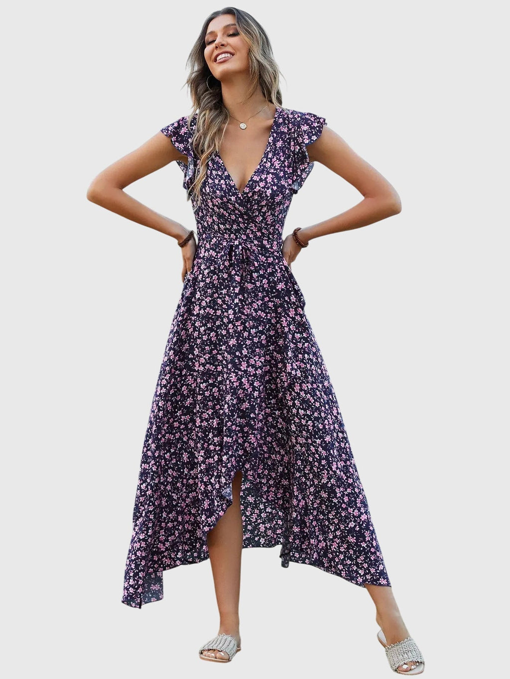 Alisande | Mouwloze bloemenjurk met V-hals en strikceintuur, casual damesjurk