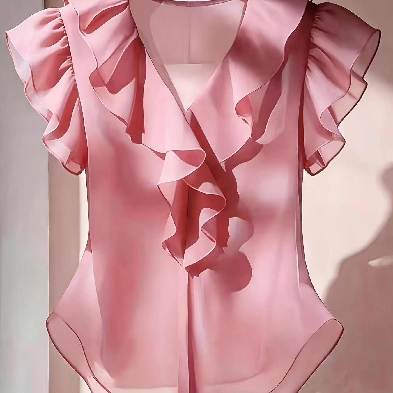 Vaenyra | Damesblouse in Franse stijl van chiffon – effen kleur met ruches en korte mouwen