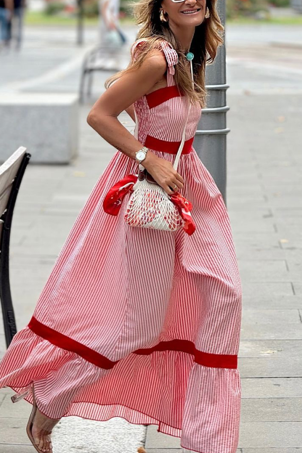 Fiorath | Dames gestreepte maxi-jurk – rood-witte verticale strepen, lange zomer strandjurk