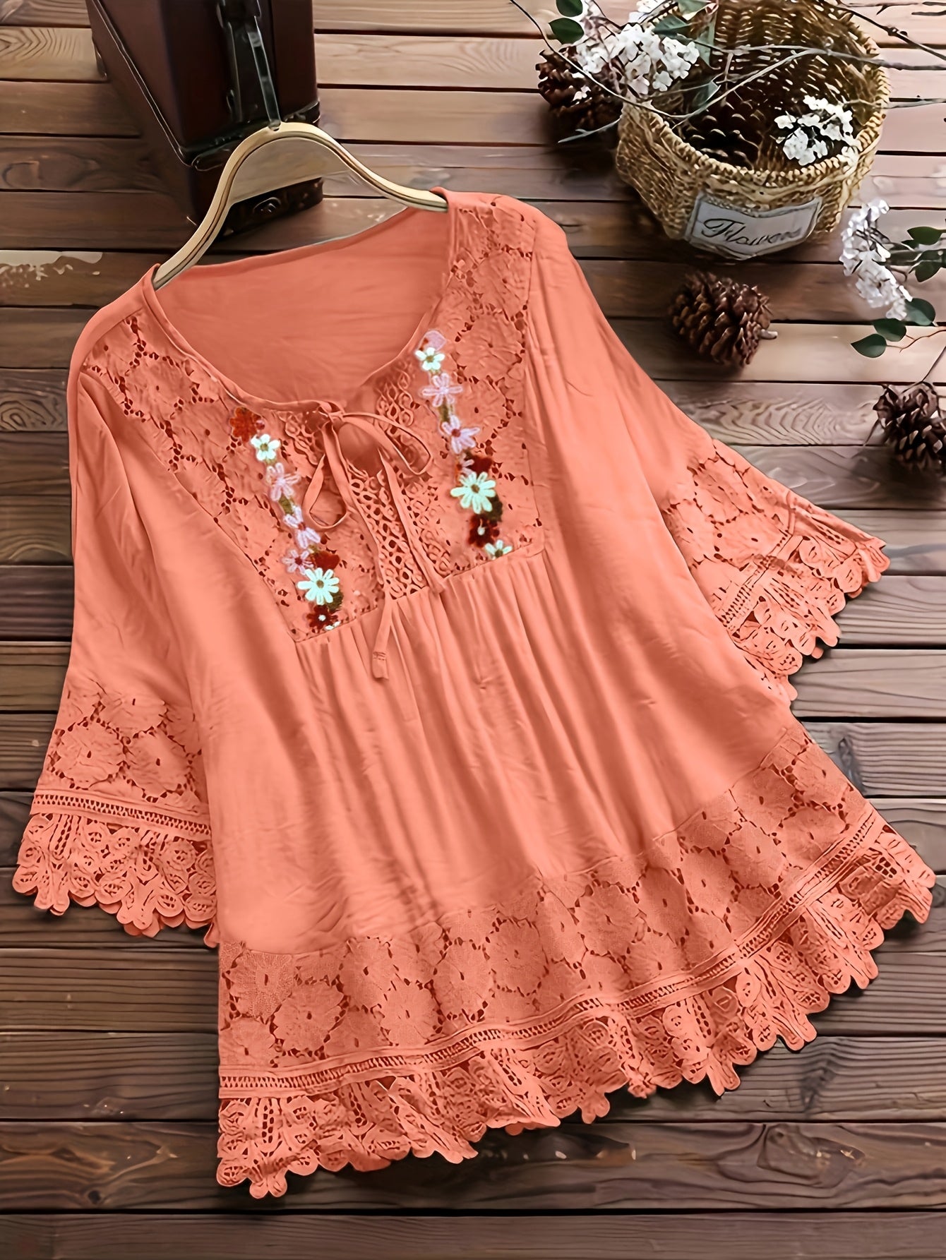 Elarona | Damesblouse met kanten patchwork – Lente/zomer-top met lange mouwen