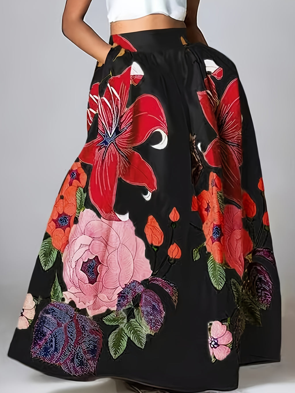 Agata | Bloemenprint Hoge Taille Maxi Rok met Zakken - Elastische A-lijn Rok