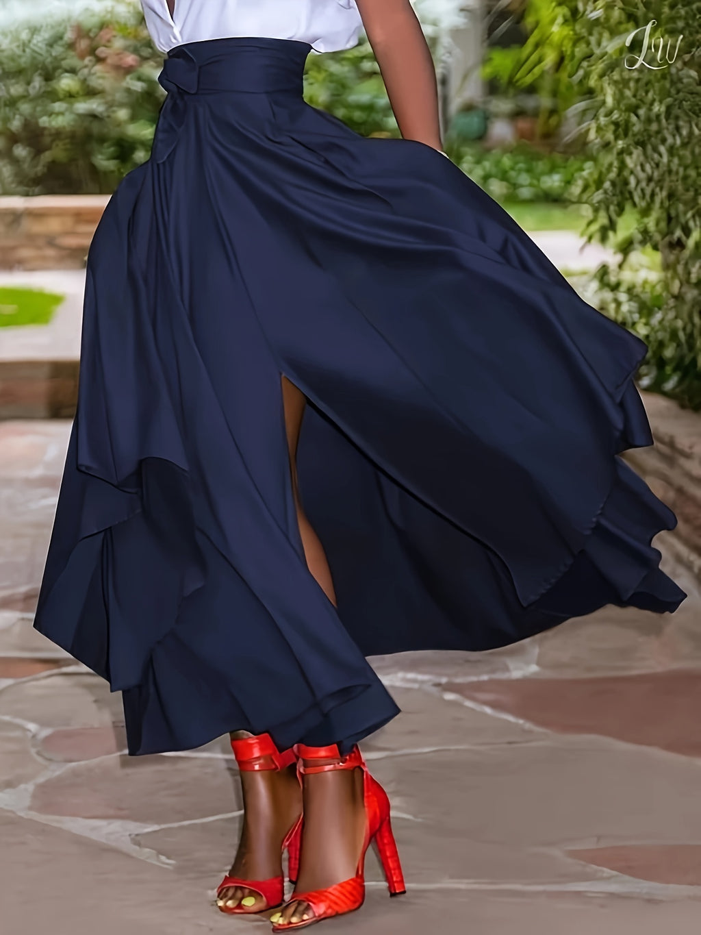 Francette | Elegante marineblauwe A-lijn maxirok met bindceintuur - Soepel, geplooid ontwerp voor dames