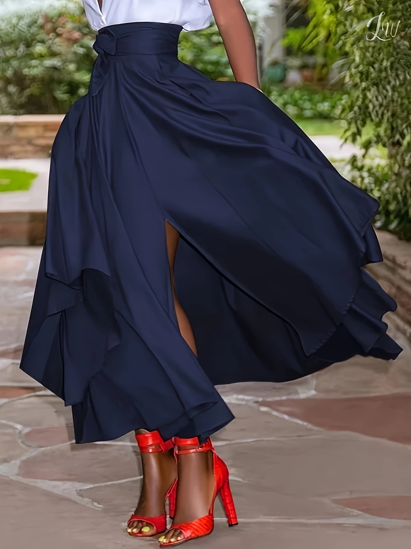 Francette | Elegante marineblauwe A-lijn maxirok met bindceintuur - Soepel, geplooid ontwerp voor dames