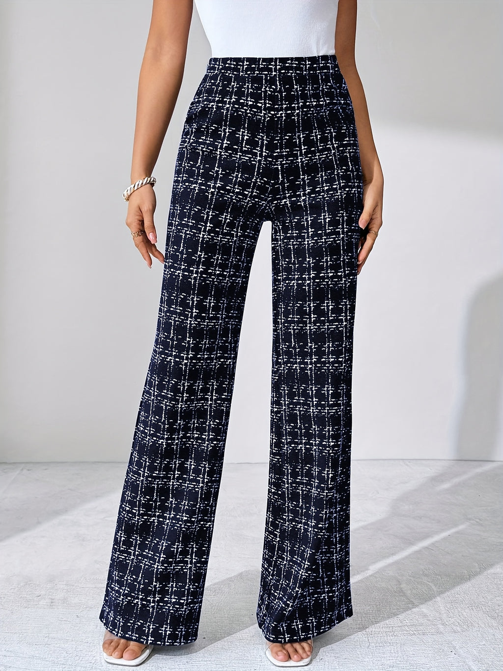 Laverna | Pantalon évasé en tweed à carreaux taille haute pour femme – Pantalon décontracté et extensible à jambes larges
