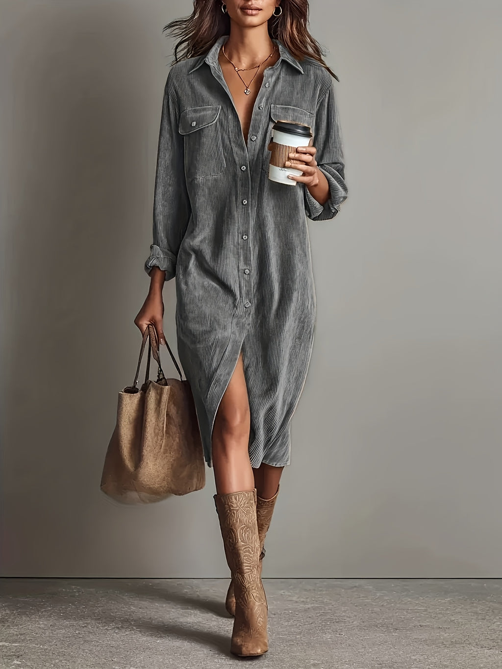Vinaya | Elegante corduroy shirtjurk voor dames met zakken, casual werkkledingstijl