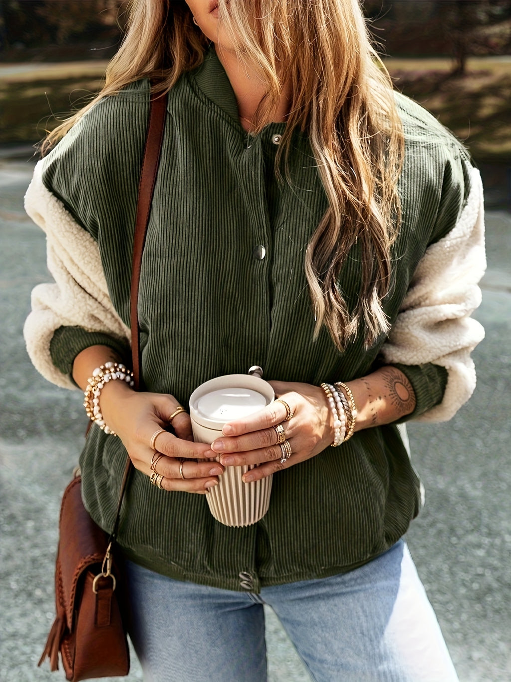 Brivienne | Elegante Jacke mit Baseballkragen und Farbblöcken, warmer Cord, Herbst-/Winterbekleidung