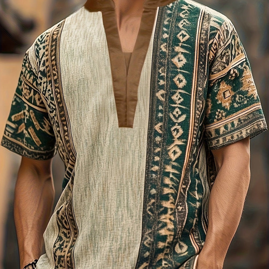 Zane | Henley-shirt voor heren met tribale print – casual met korte mouwen