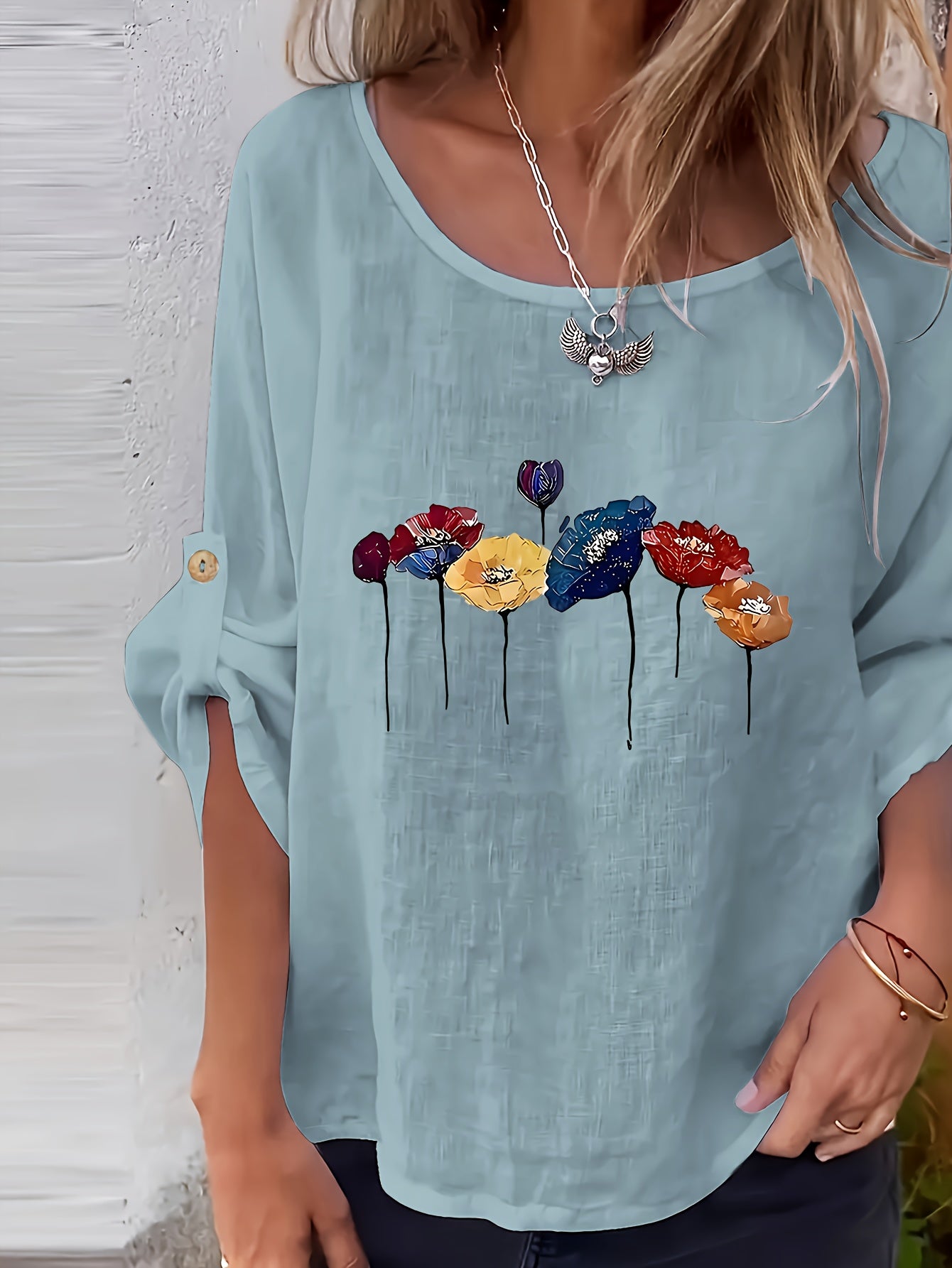 Lunelle | Elegant dames-T-shirt met bloemenprint en ronde hals – Casual, losse pasvorm, knoopjes, lente