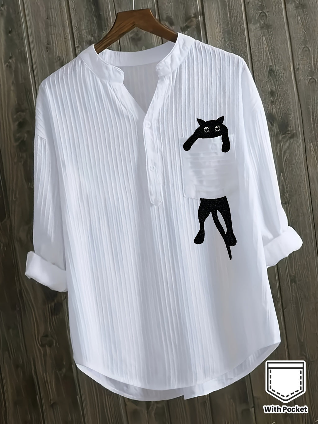 Elziraelen | Damesblouse met geborduurde kat op de zak – puur witte casual blouse met opstaande kraag