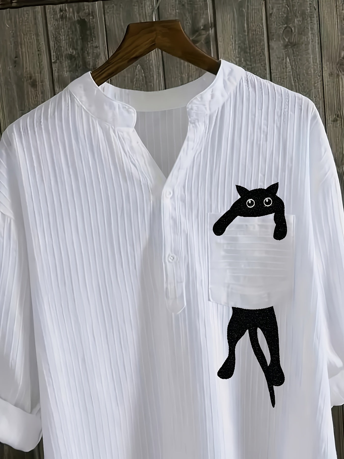 Elziraelen | Damesblouse met geborduurde kat op de zak – puur witte casual blouse met opstaande kraag