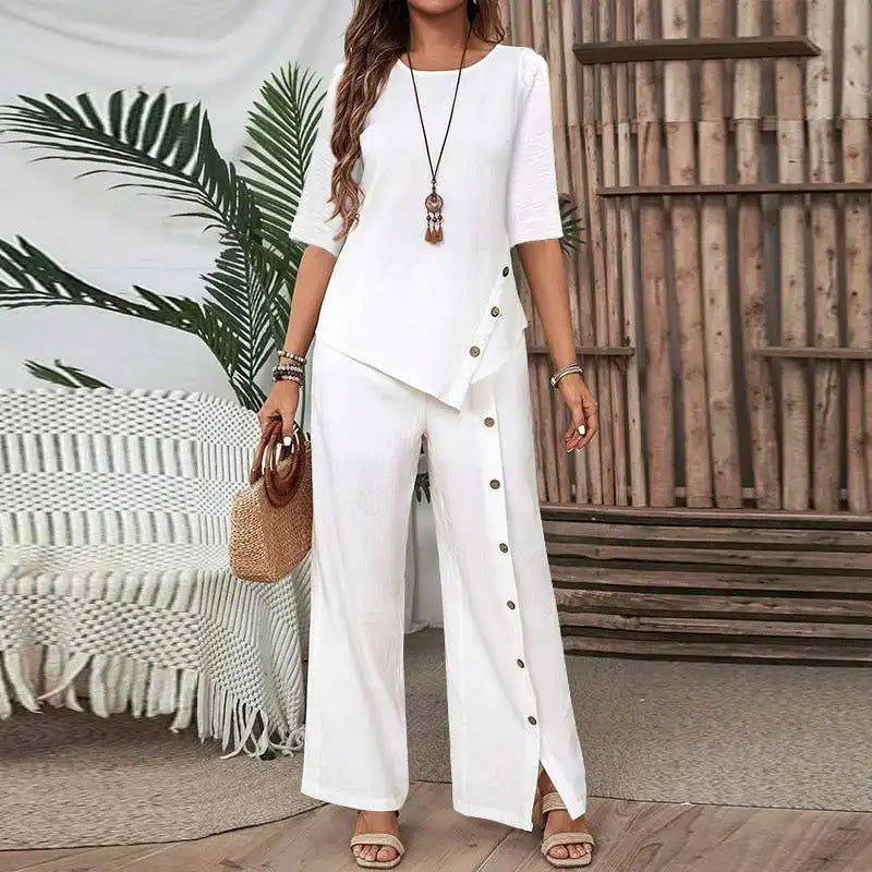 Caliora | Tweedelige set voor dames – Outfit met asymmetrische top en broek met wijde pijpen
