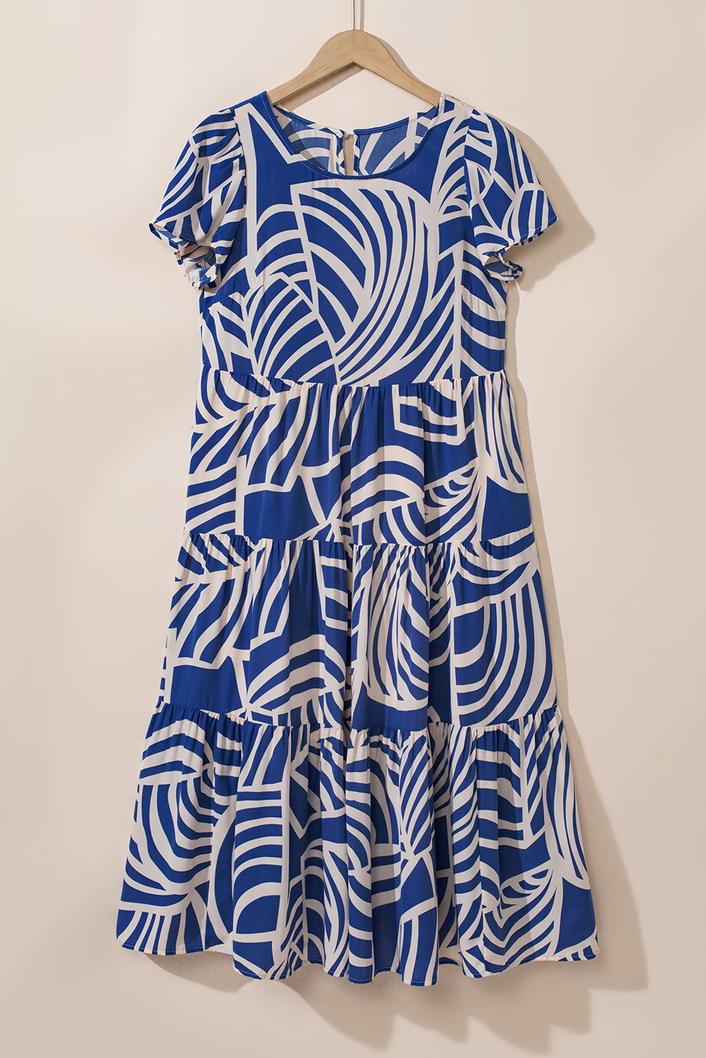 Zylia | Blauwe Boho-print midi-jurk voor dames – korte mouwen, uitlopende taille