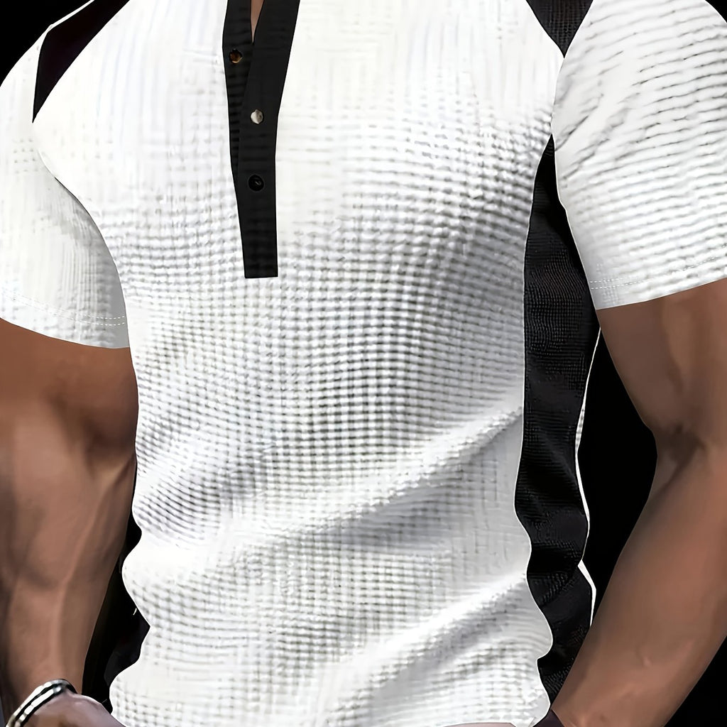 Elrik | Wafelpolo voor heren – Zwart-wit T-shirt met kleurblokken in casual zakelijke stijl