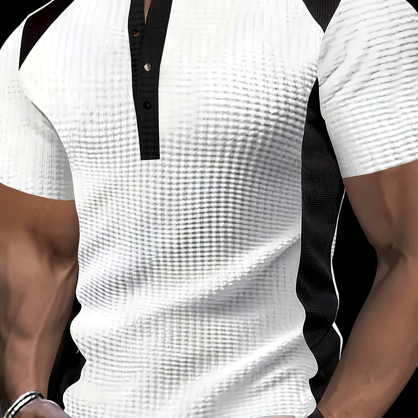 Elrik | Wafelpolo voor heren – Zwart-wit T-shirt met kleurblokken in casual zakelijke stijl