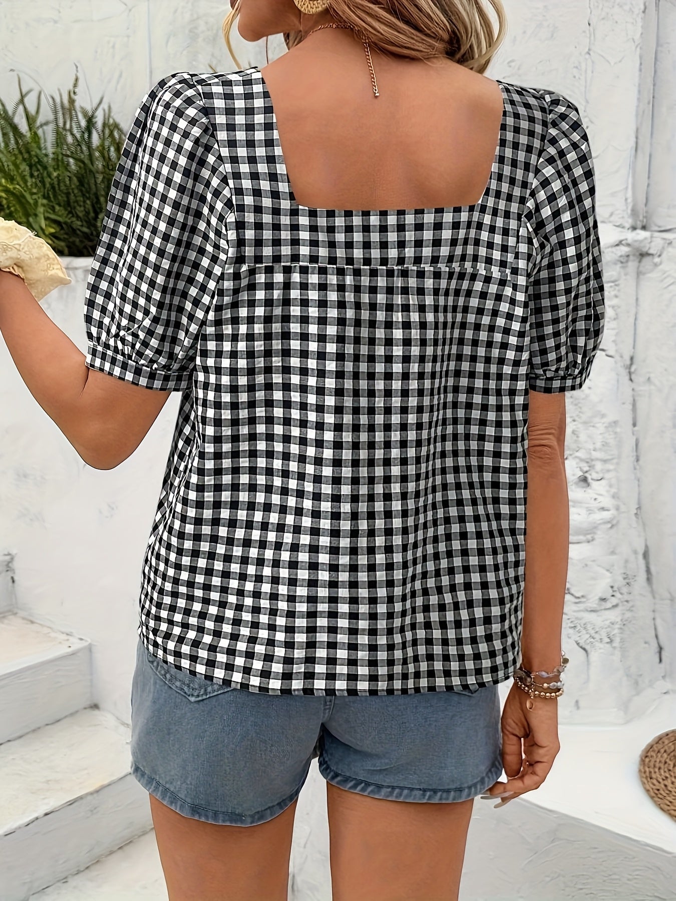 Orlyraen | Damesblouse met geruite print en vierkante hals – Casual blouse met korte mouwen