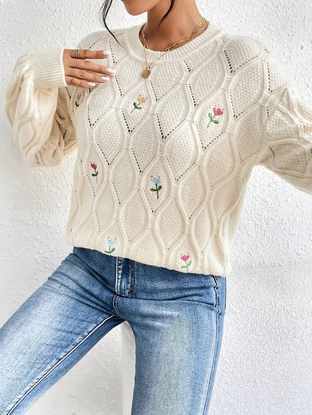 Unyssa | Pull brodé à fleurs pour femme – Haut élégant en maille