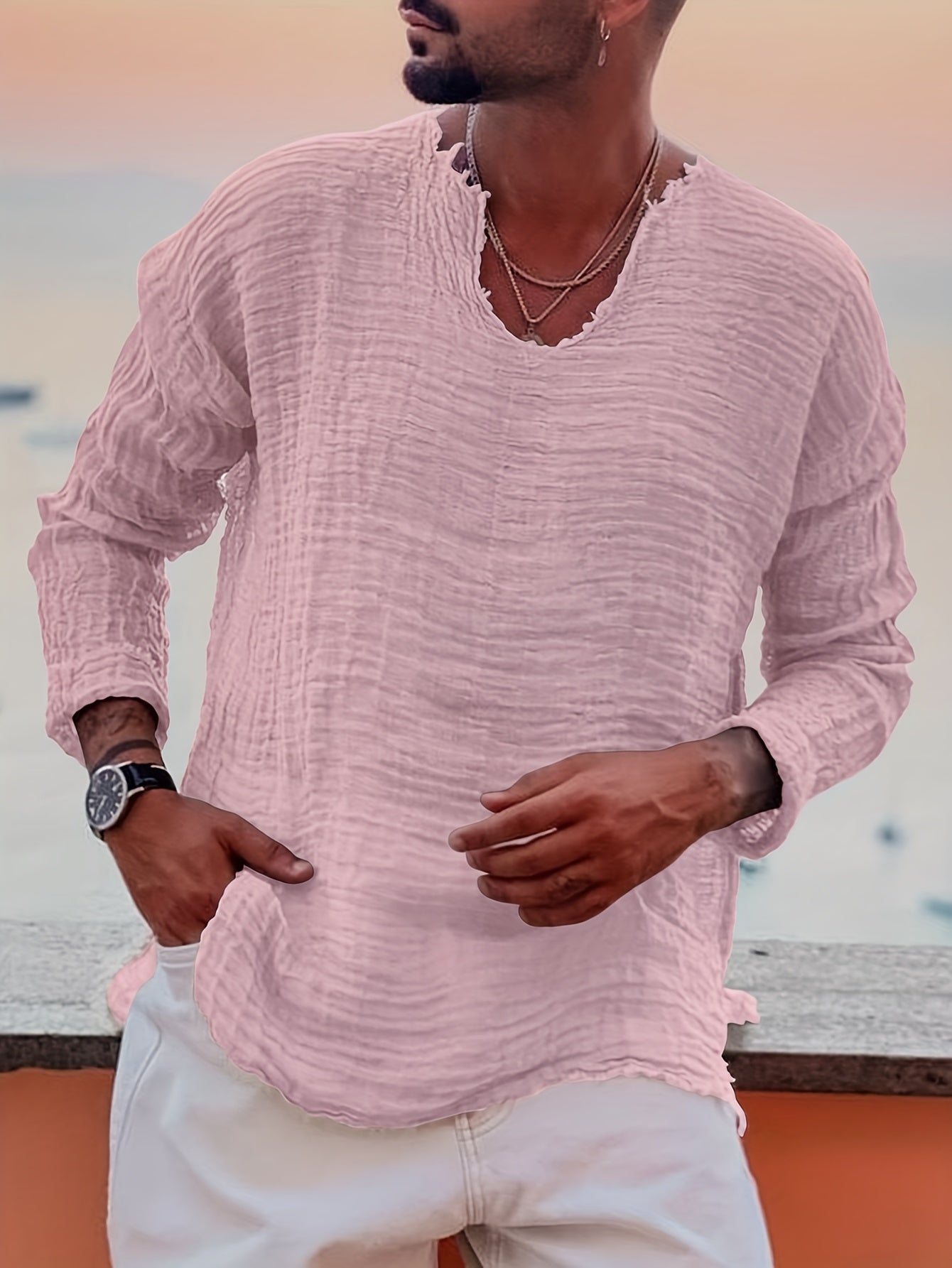 Silo | Heren-T-shirt met korte mouwen en V-hals – Casual zomers strandtop met verweerde look