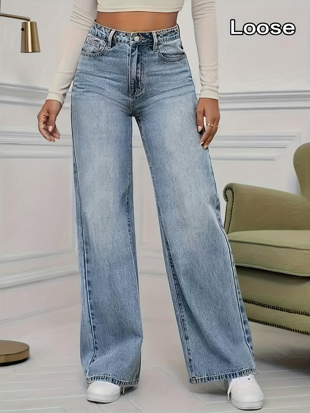 Bryndelle | Hoge taille, rekbare jeans met wijde pijpen – Losse, rechte vintage blauwe denim met zakken